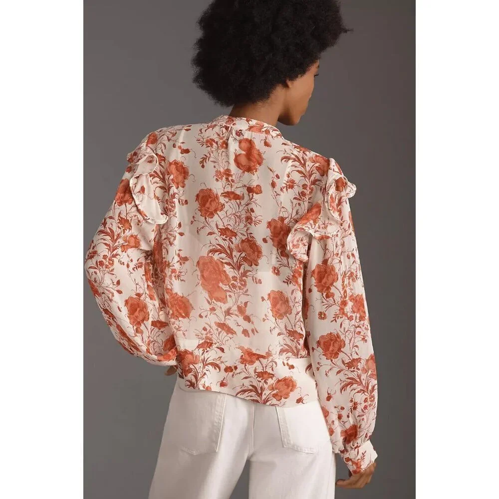 NWT Anthropologie Maeve Long-Sleeve Ruffled Sheer Blouse Top XXS Pink Floral